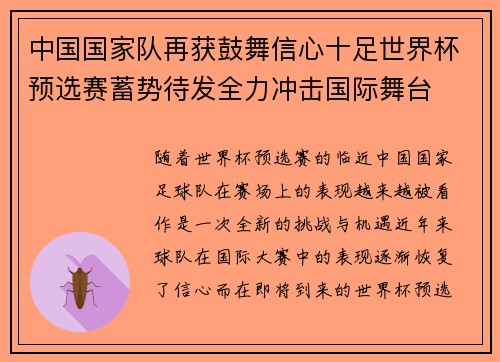 中国国家队再获鼓舞信心十足世界杯预选赛蓄势待发全力冲击国际舞台