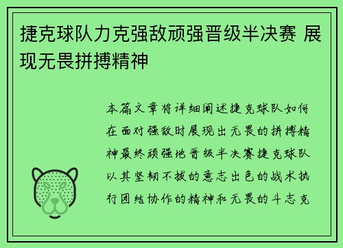 捷克球队力克强敌顽强晋级半决赛 展现无畏拼搏精神 捷克球队力克强敌顽强晋级半决赛 展现无畏拼搏精神