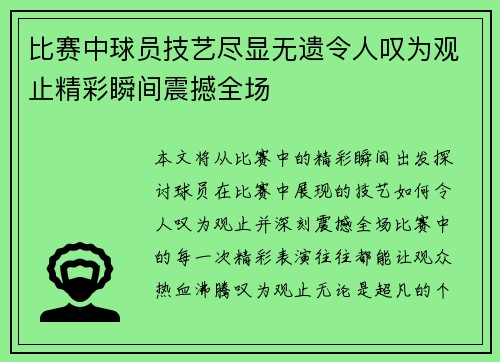 比赛中球员技艺尽显无遗令人叹为观止精彩瞬间震撼全场