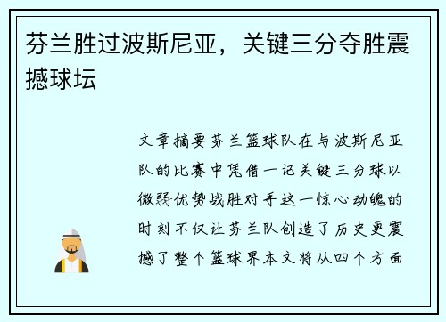 芬兰胜过波斯尼亚，关键三分夺胜震撼球坛