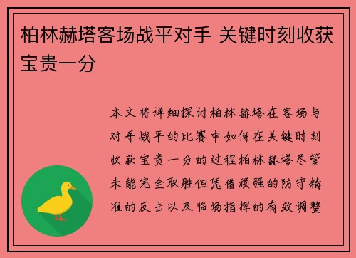 柏林赫塔客场战平对手 关键时刻收获宝贵一分