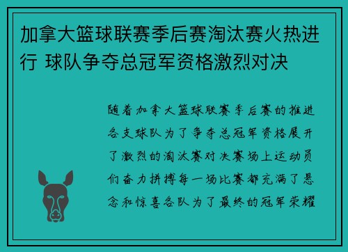 加拿大篮球联赛季后赛淘汰赛火热进行 球队争夺总冠军资格激烈对决