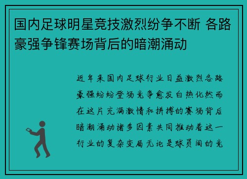 国内足球明星竞技激烈纷争不断 各路豪强争锋赛场背后的暗潮涌动