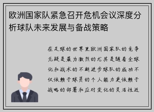 欧洲国家队紧急召开危机会议深度分析球队未来发展与备战策略 欧洲国家队紧急召开危机会议深度分析球队未来发展与备战策略