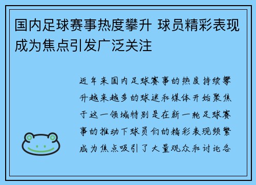 国内足球赛事热度攀升 球员精彩表现成为焦点引发广泛关注